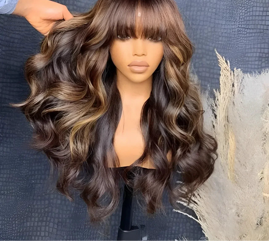 Highlight Body Wave Human Hair Wig With Bangs Ombre Blonde