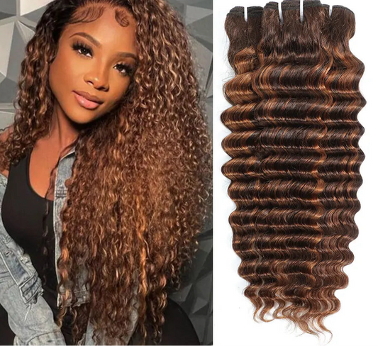 Deep Wave Human Hair Bundles 30 Inch 3 or 4 Bundles Highlight Dark Brown