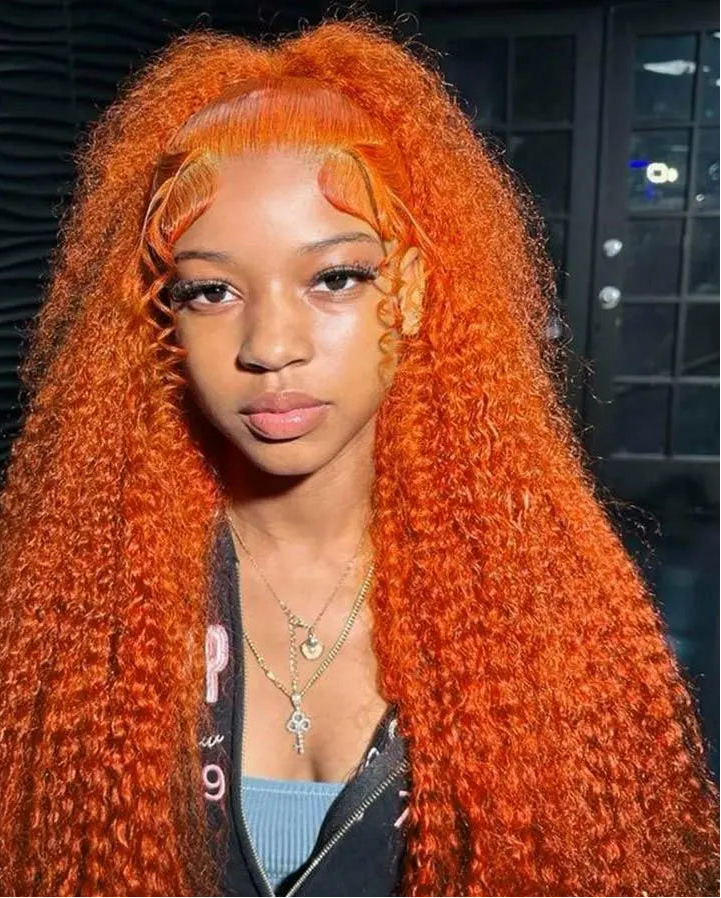 30 inch Ginger Human Hair Wig Deep Wave Frontal Wig 180% Density Orange Ginger
