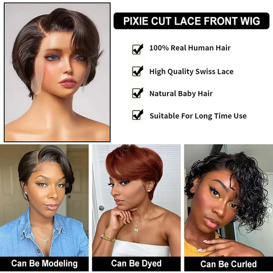 Pixie Cut Human Hair 13x4 Frontal Black, Straight