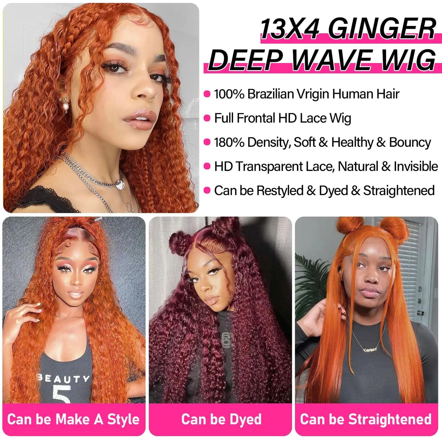 30 inch Ginger Human Hair Wig Deep Wave Frontal Wig 180% Density Orange Ginger