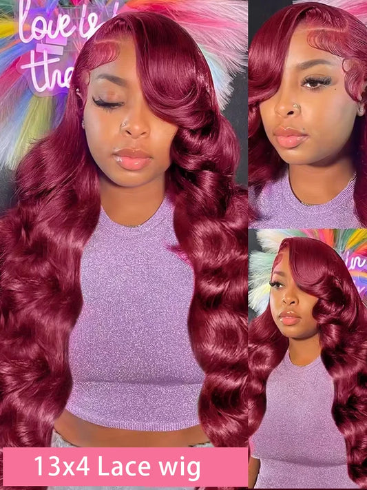 200% Body Wave Wig Burgundy Frontal Human hair pre Plucked 99j Red