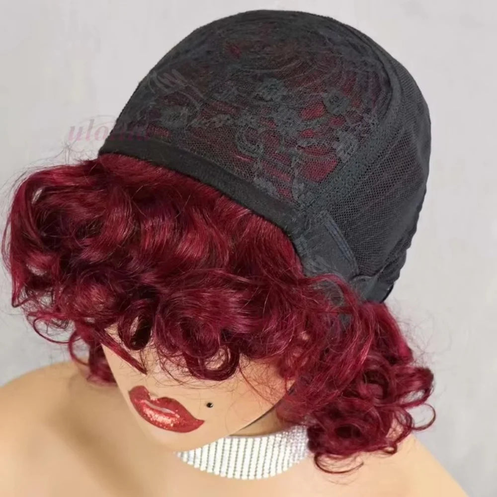 Burgundy Human Hair Wigs Bangs Afro Kinky Curly