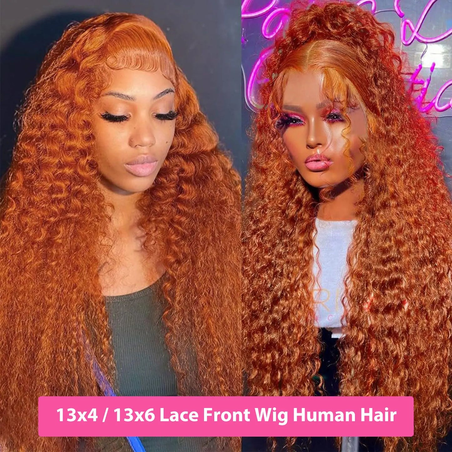 30 inch Ginger Human Hair Wig Deep Wave Frontal Wig 180% Density Orange Ginger