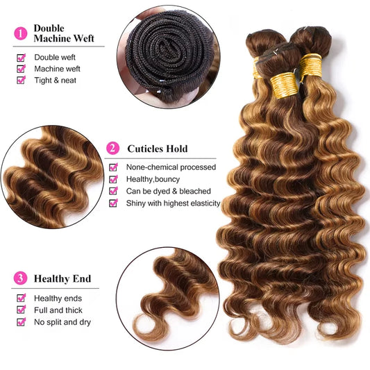 Deep Wave Highlighted Human Hair Bundles Honey Brown