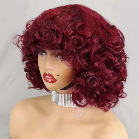 Burgundy Human Hair Wigs Bangs Afro Kinky Curly