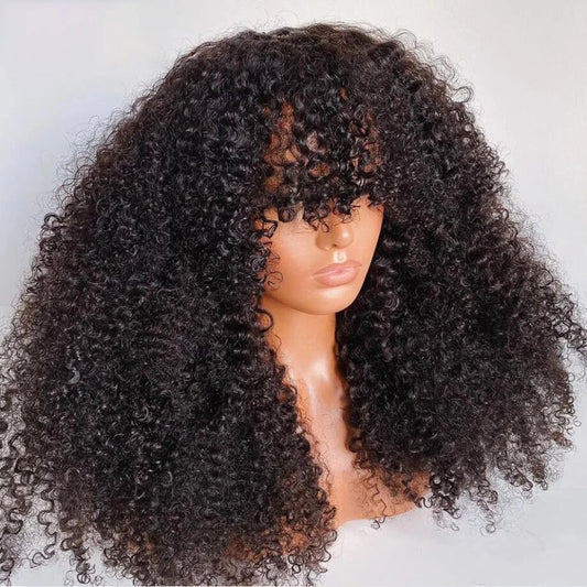 Black Kinky Curly Wig With Bangs