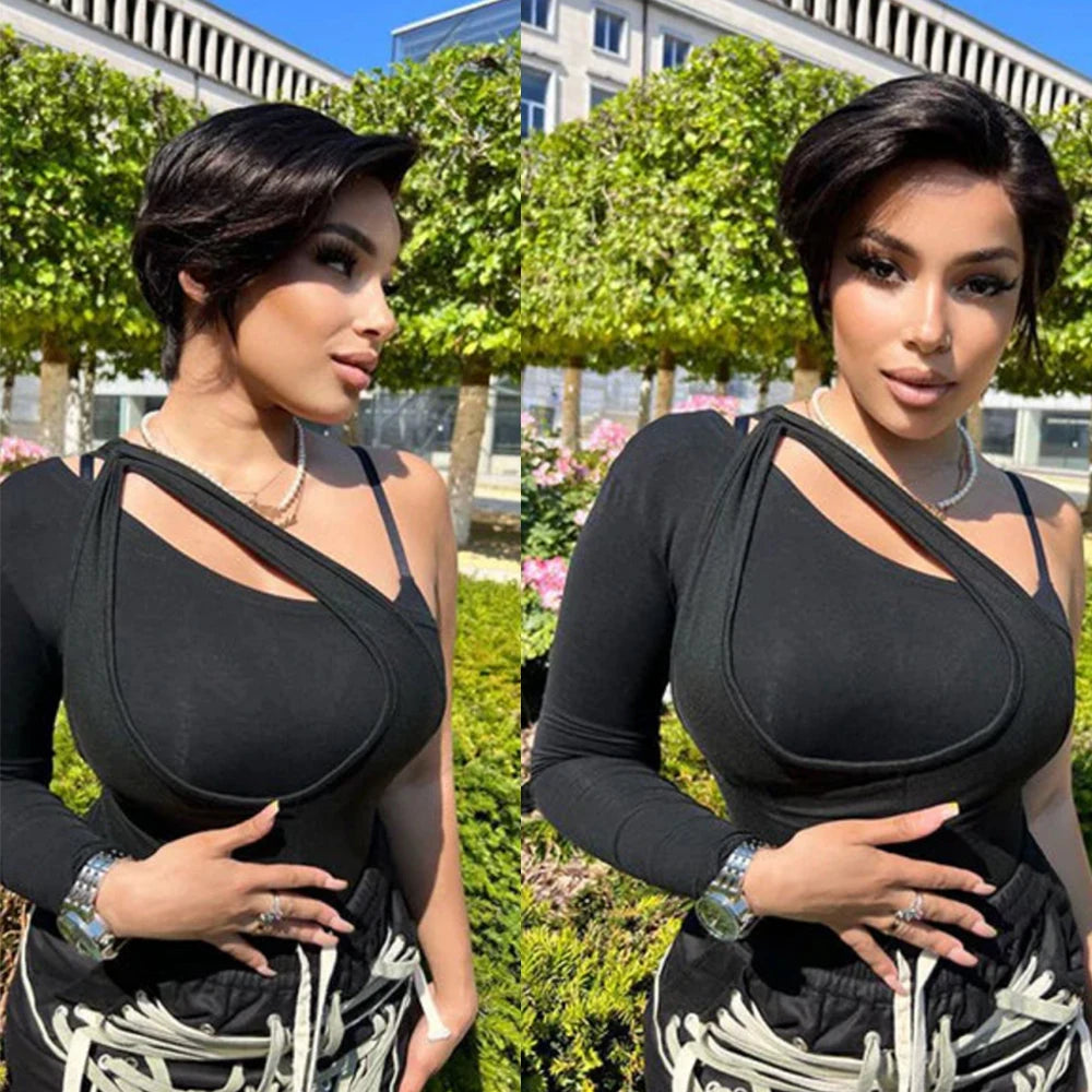 Pixie Cut Human Hair 13x4 Frontal Black, Straight