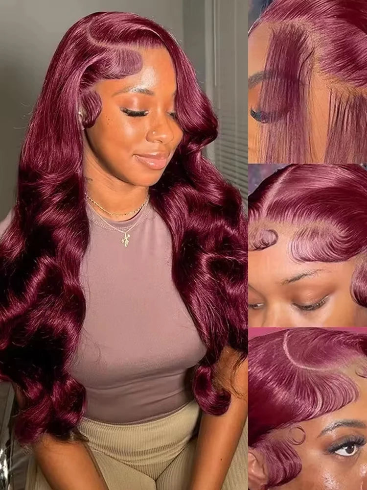 200% Body Wave Wig Burgundy Frontal Human hair pre Plucked 99j Red