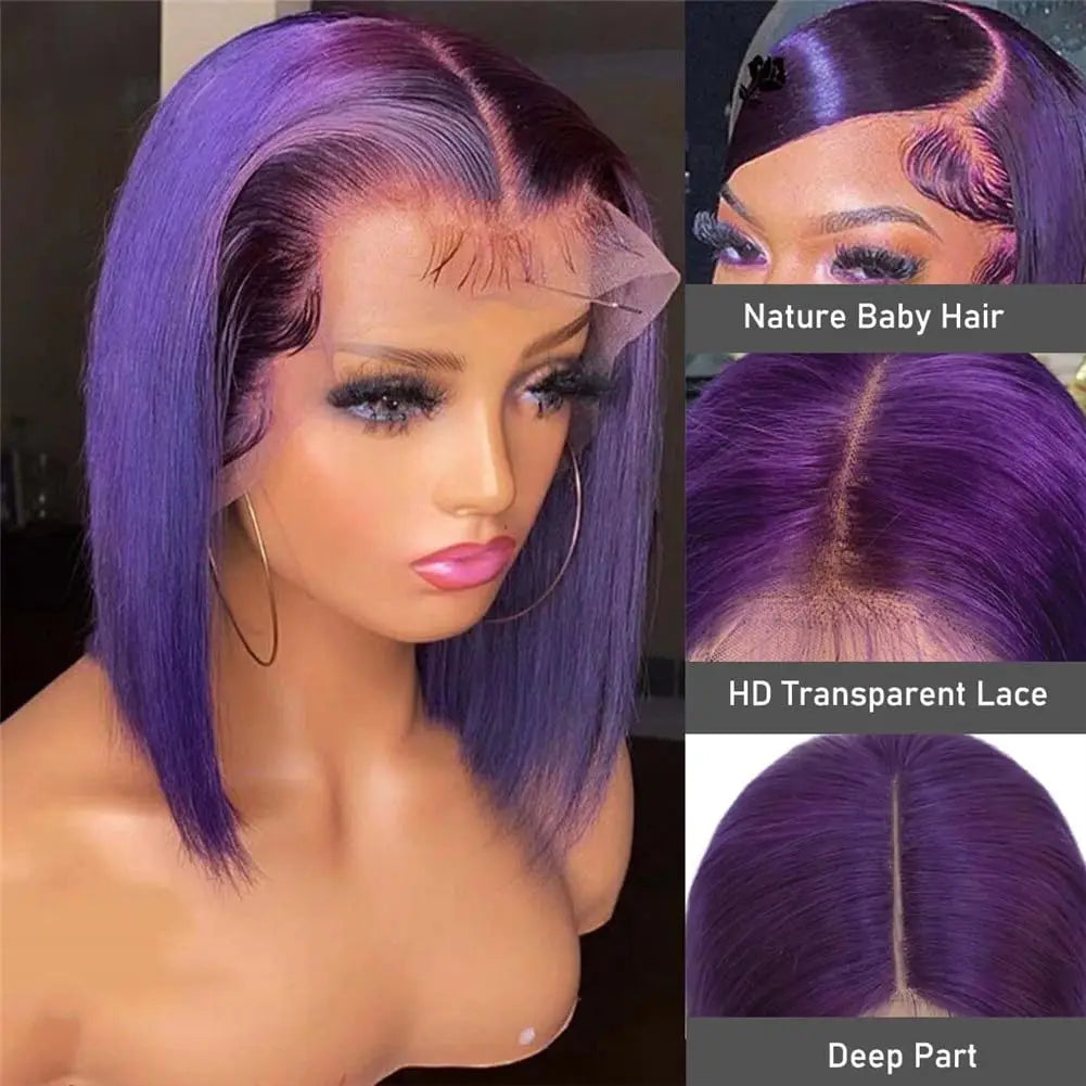 Purple Bob Wig Human Hair Preplucked 13X4 Frontal