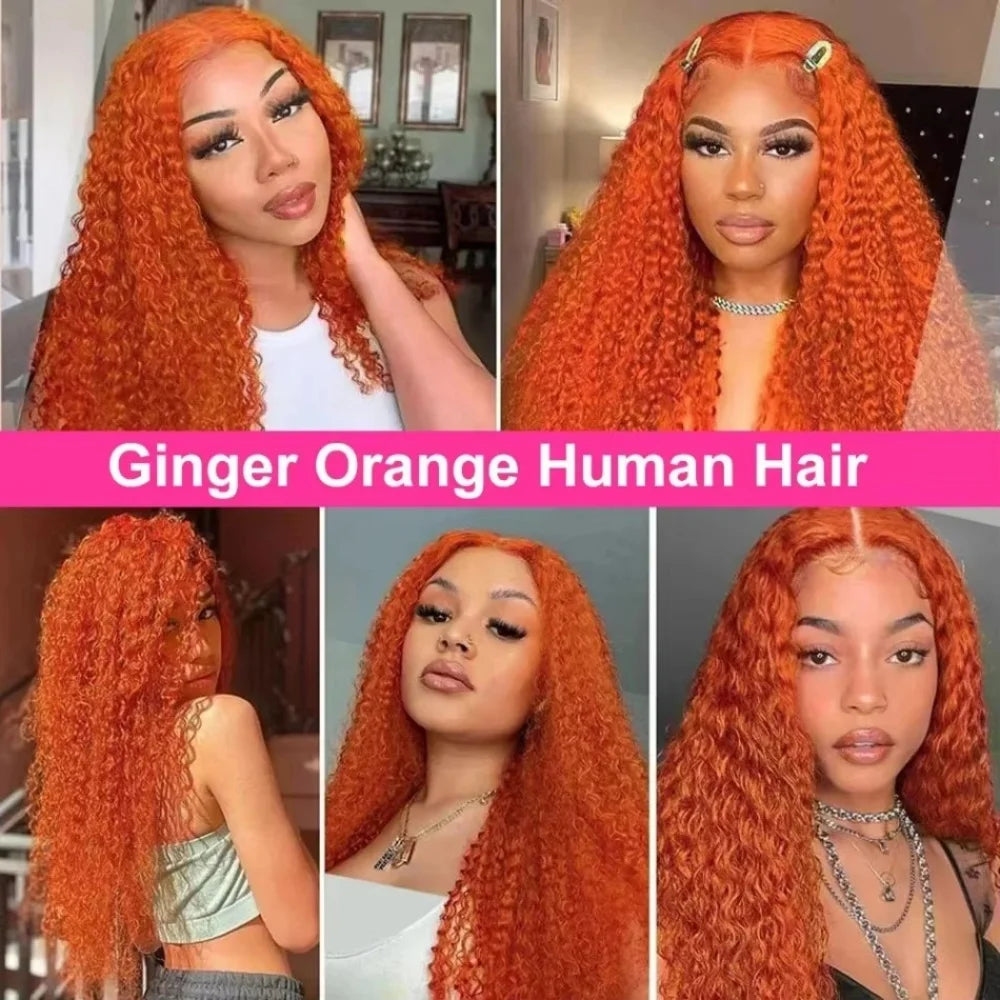 30 inch Ginger Human Hair Wig Deep Wave Frontal Wig 180% Density Orange Ginger