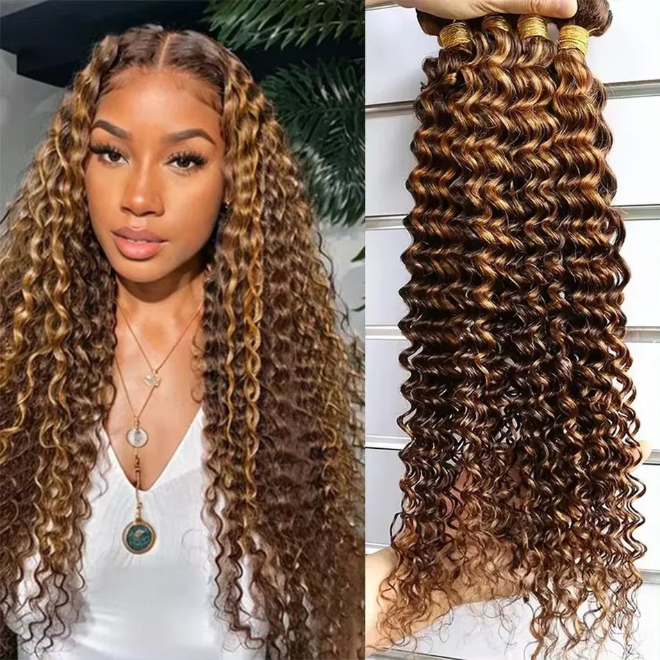 Deep Wave Highlighted Human Hair Bundles Honey Brown