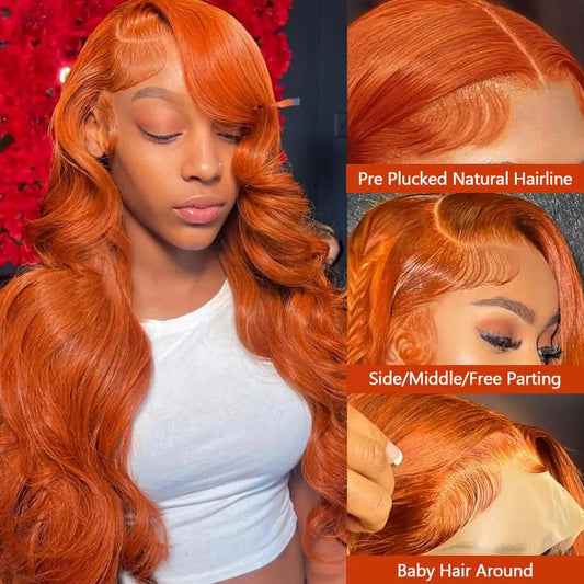 30 36 Inch Body Wave Orange Ginger Lace Front Wigs Human Hair