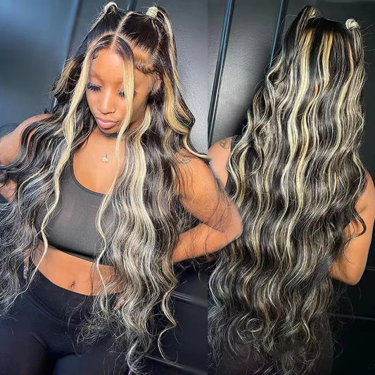 Body Wave Frontal Highlight Wig Human Hair black and blonde