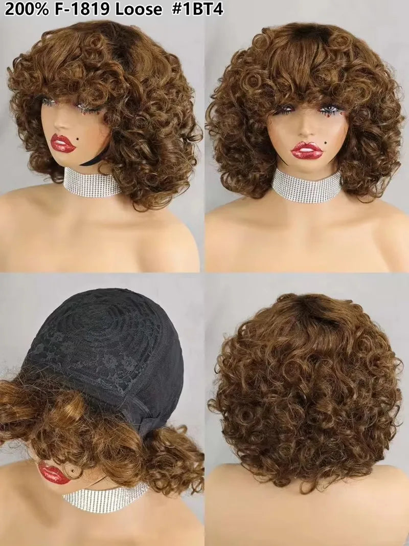 Burgundy Human Hair Wigs Bangs Afro Kinky Curly