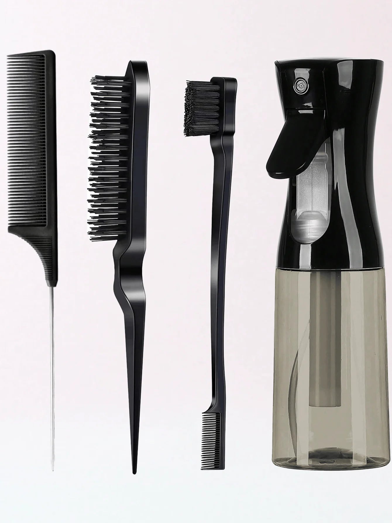 4Pcs Slick Back Hair Brush Set with Spray Bottle, Edge Brush, Rat Tail Comb & Teasing Brush, Hair Styling Tools for Smoothing Ba