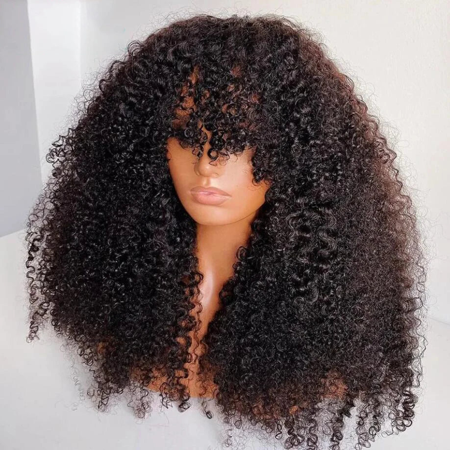 Black Kinky Curly Wig With Bangs