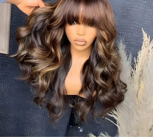 Highlight Body Wave Human Hair Wig With Bangs Ombre Blonde