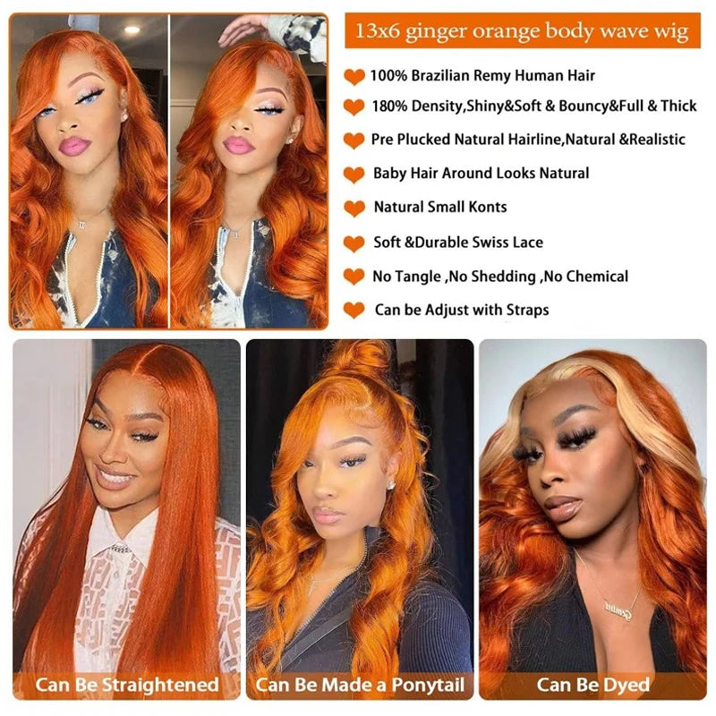 30 36 Inch Body Wave Orange Ginger Lace Front Wigs Human Hair