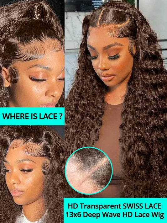 Chocolate Brown Deep Wave Human Hair Frontal 30 40 Inch