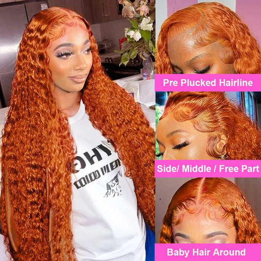 30 inch Ginger Human Hair Wig Deep Wave Frontal Wig 180% Density Orange Ginger