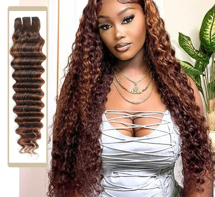 Deep Wave Human Hair Bundles 30 Inch 3 or 4 Bundles Highlight Dark Brown