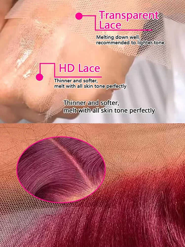 200% Body Wave Wig Burgundy Frontal Human hair pre Plucked 99j Red