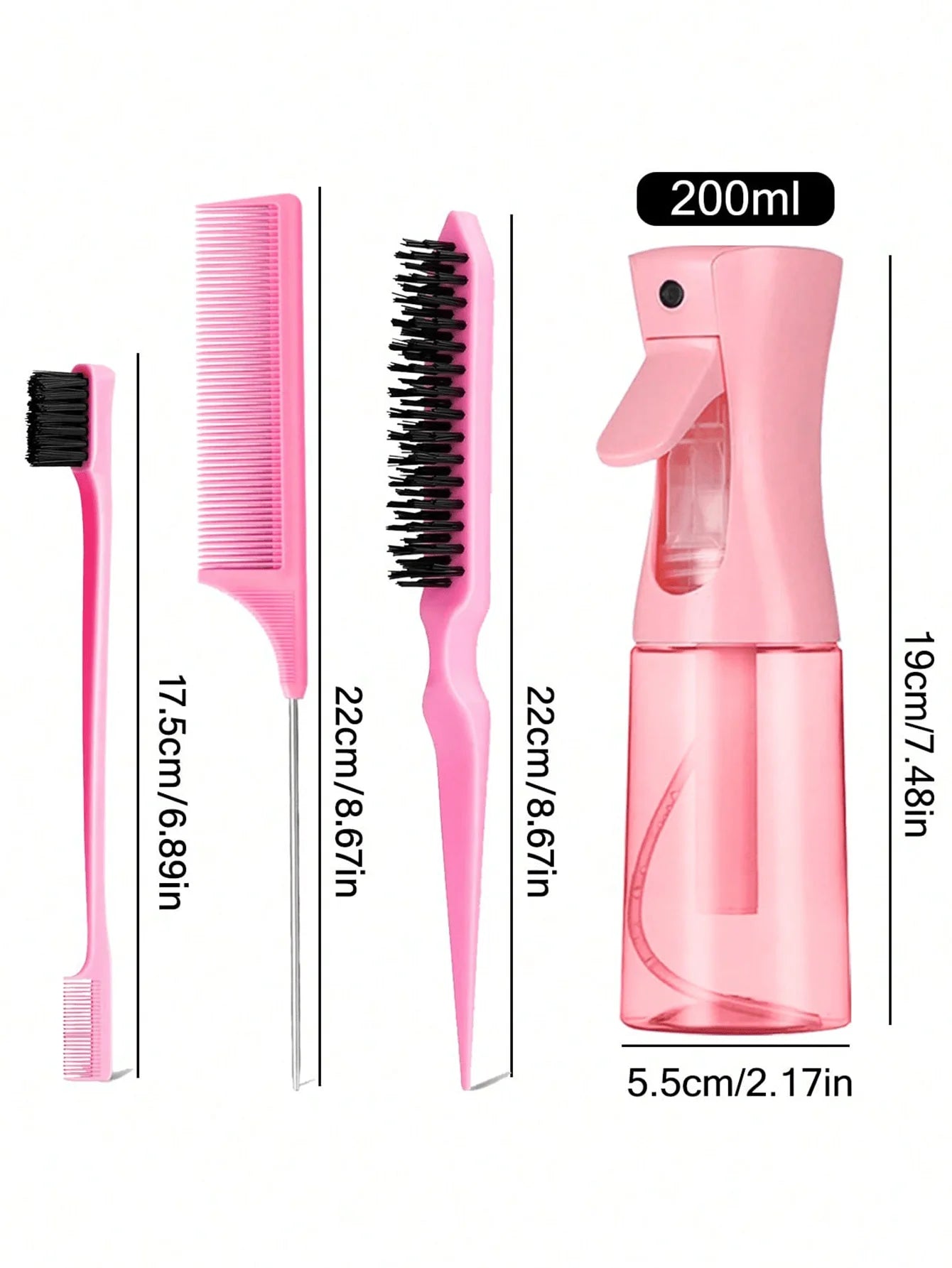 4Pcs Slick Back Hair Brush Set with Spray Bottle, Edge Brush, Rat Tail Comb & Teasing Brush, Hair Styling Tools for Smoothing Ba