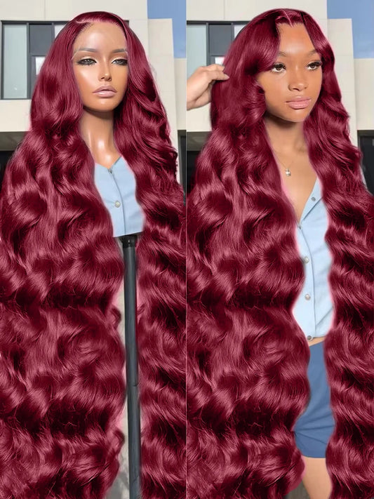 200% Body Wave Wig Burgundy Frontal Human hair pre Plucked 99j Red