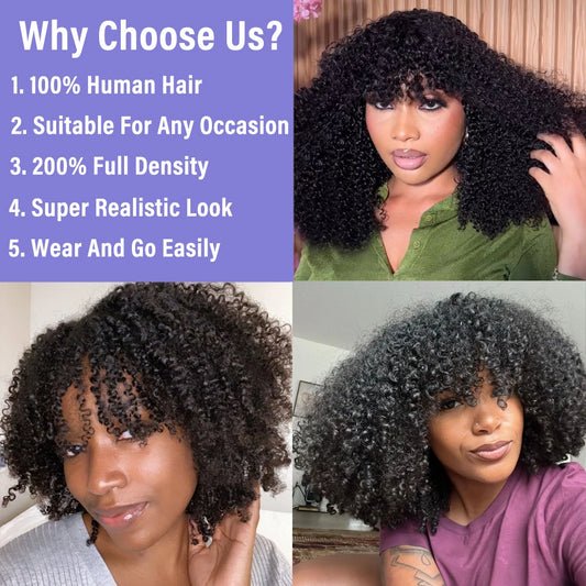 Afro Kinky Curly Human Hair Wig With Bangs