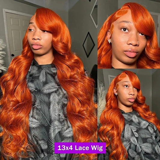 Ginger Hd Lace Frontal  Human Hair Wig 30 Inch Orange Ginger Body Wave