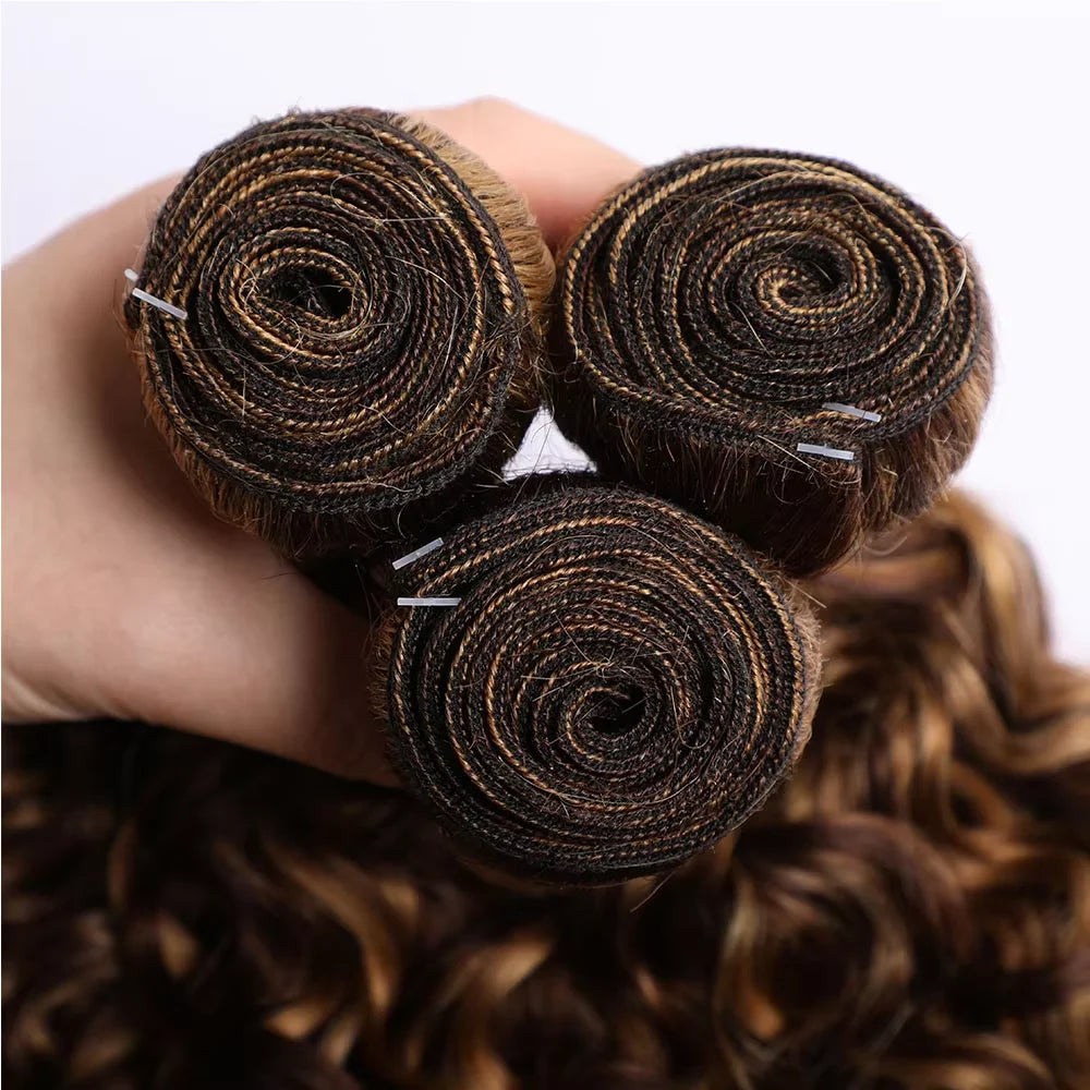 Deep Wave Highlighted Human Hair Bundles Honey Brown