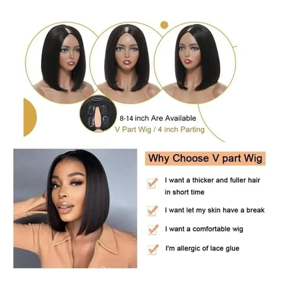 Bone Straight Short Bob V Part Wigs