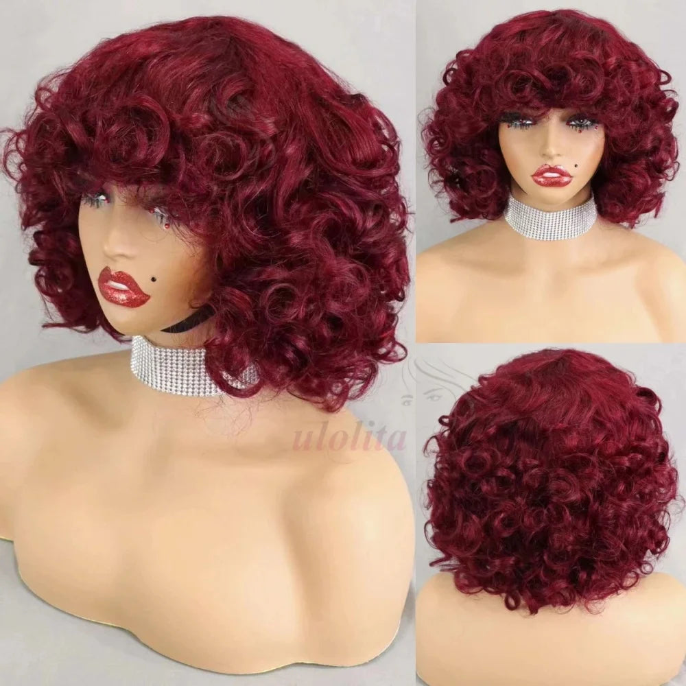 Burgundy Human Hair Wigs Bangs Afro Kinky Curly