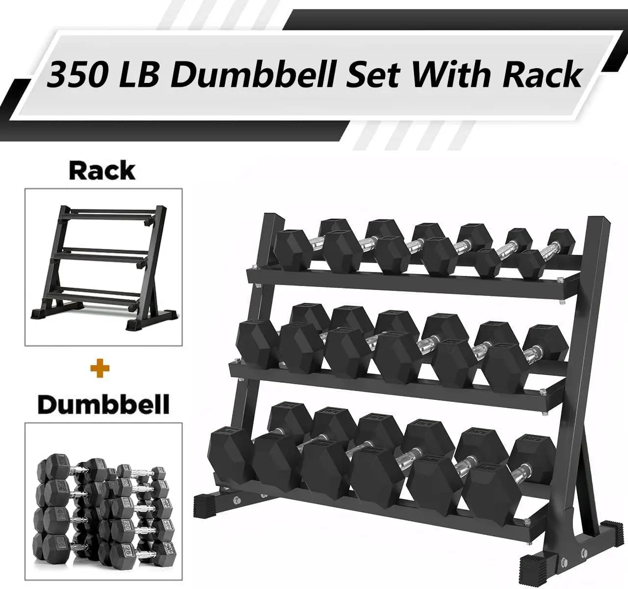 Rubber Hex Dumbbells with Rack 350/450/550 LBS