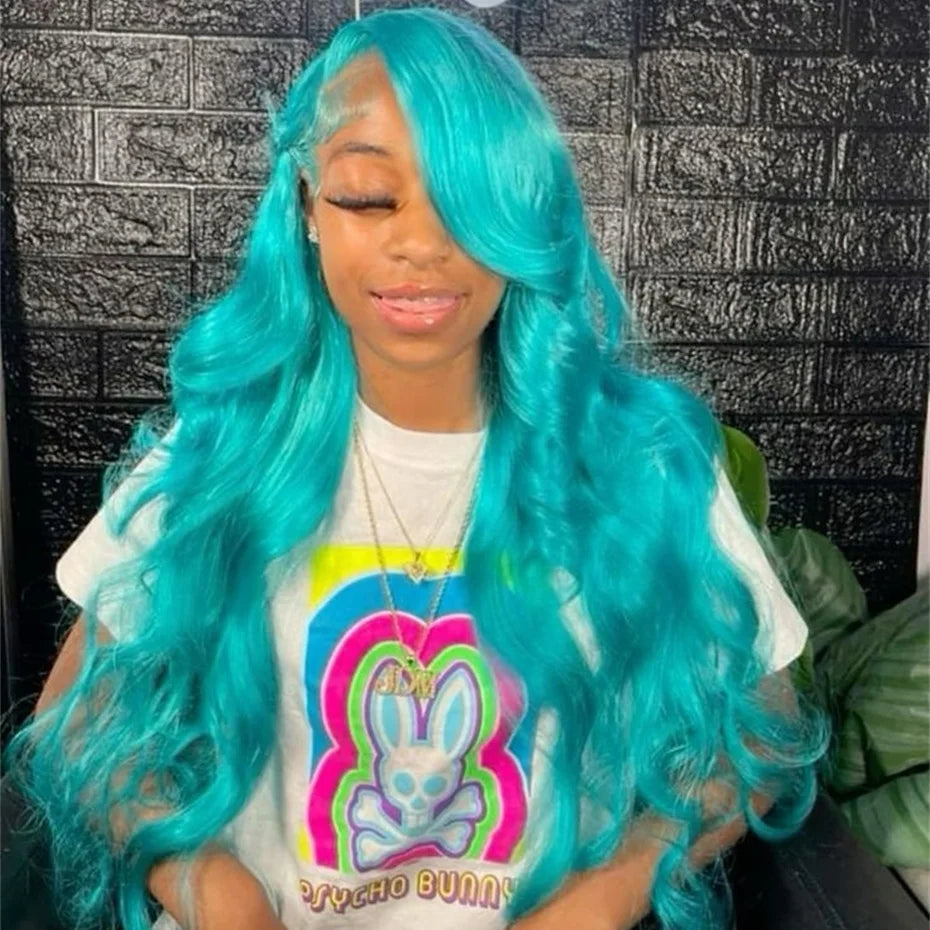Teal Ocean Blue Lace Front Wig Human