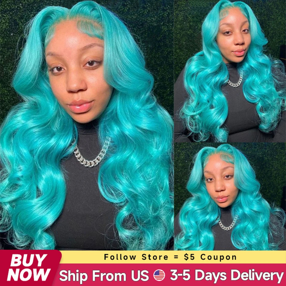 Teal Ocean Blue Lace Front Wig Human