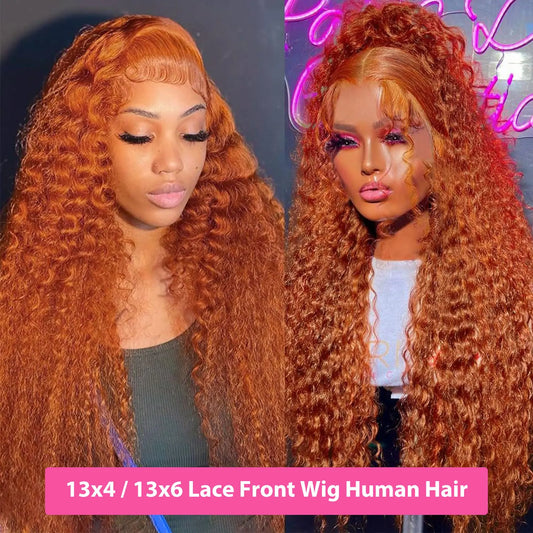 30 inch Ginger Human Hair Wig Deep Wave Frontal Wig 180% Density Orange Ginger