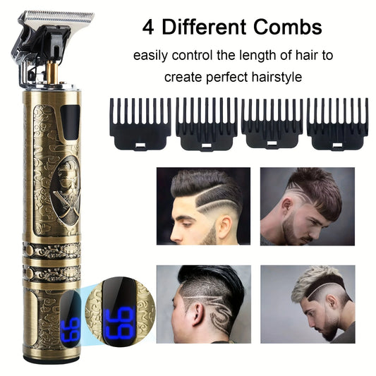Men's Electric T-Blade Hair Trimmer Kit - Cordless, USB Rechargeable with LED Display, Vintage Golden Design, Includes Combs