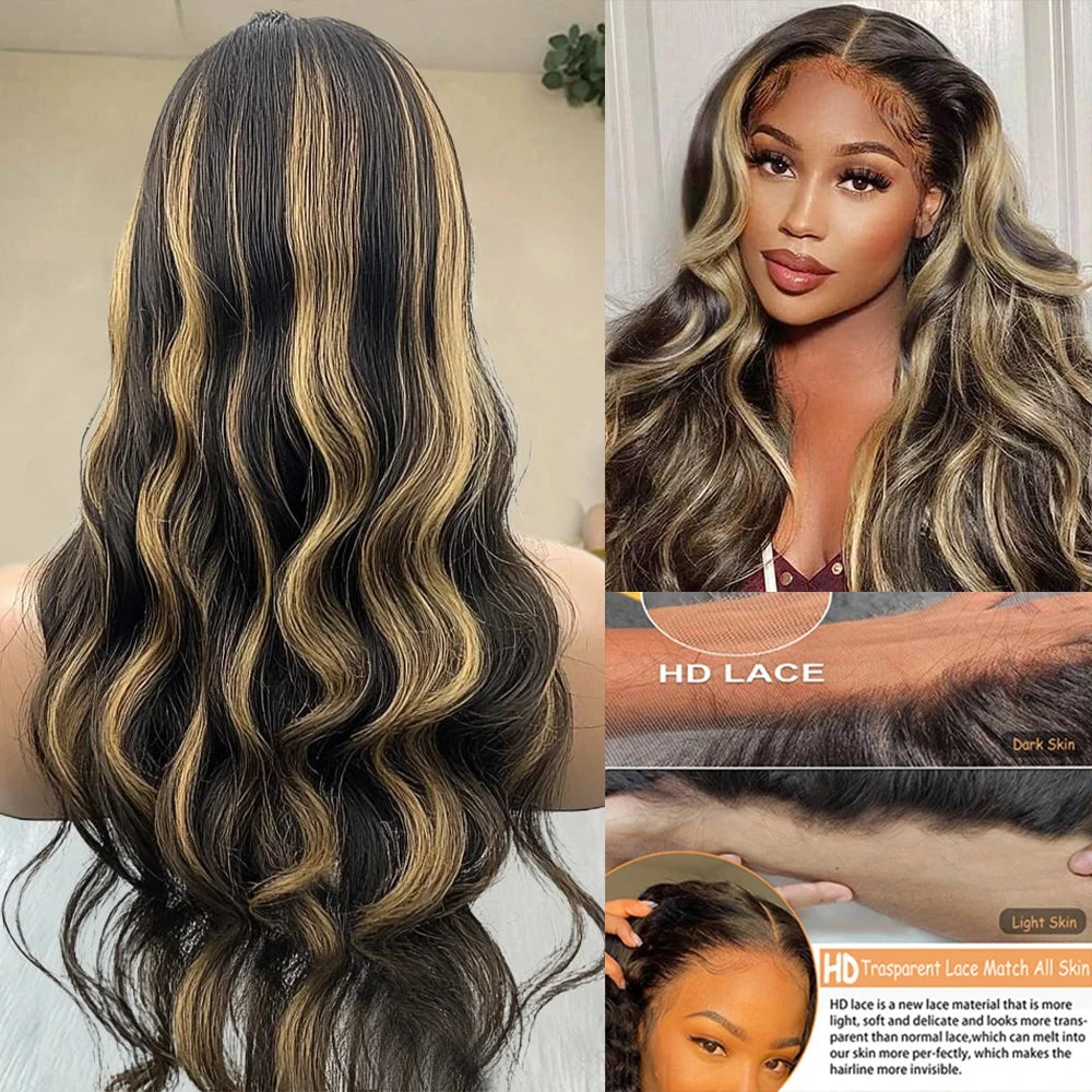 Body Wave Frontal Highlight Wig Human Hair black and blonde