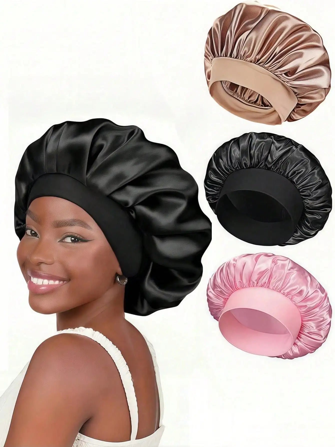 1pcs Silk Sleep Bonnet Set - Satin Hair Wrap For Curly/Natural Hair With Soft Elastic Band (Black & Gold), Gentle Night Cap For