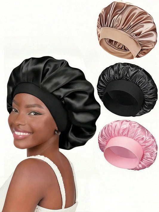 1pcs Silk Sleep Bonnet Set - Satin Hair Wrap For Curly/Natural Hair With Soft Elastic Band (Black & Gold), Gentle Night Cap For