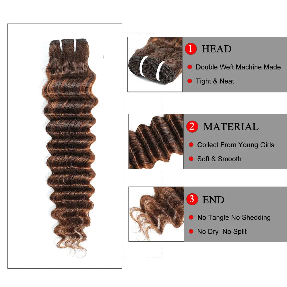 Deep Wave Human Hair Bundles 30 Inch 3 or 4 Bundles Highlight Dark Brown