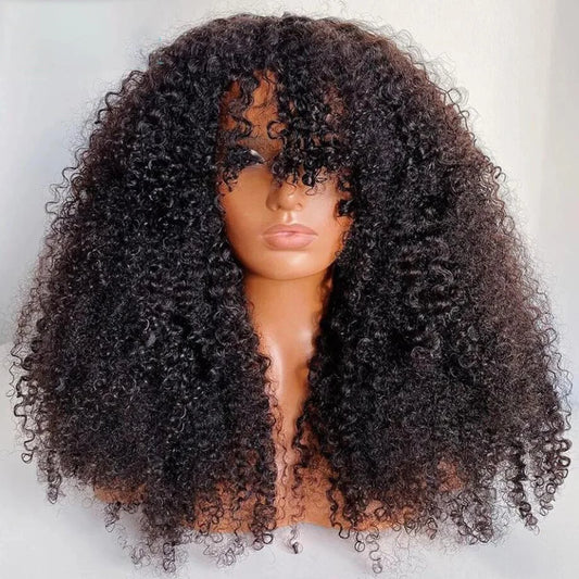 Black Kinky Curly Wig With Bangs