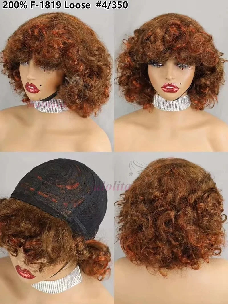 Burgundy Human Hair Wigs Bangs Afro Kinky Curly