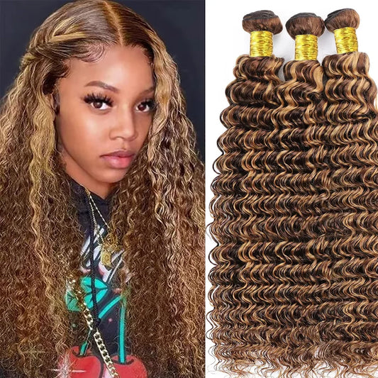 Deep Wave Human Hair Bundles Highlight brown