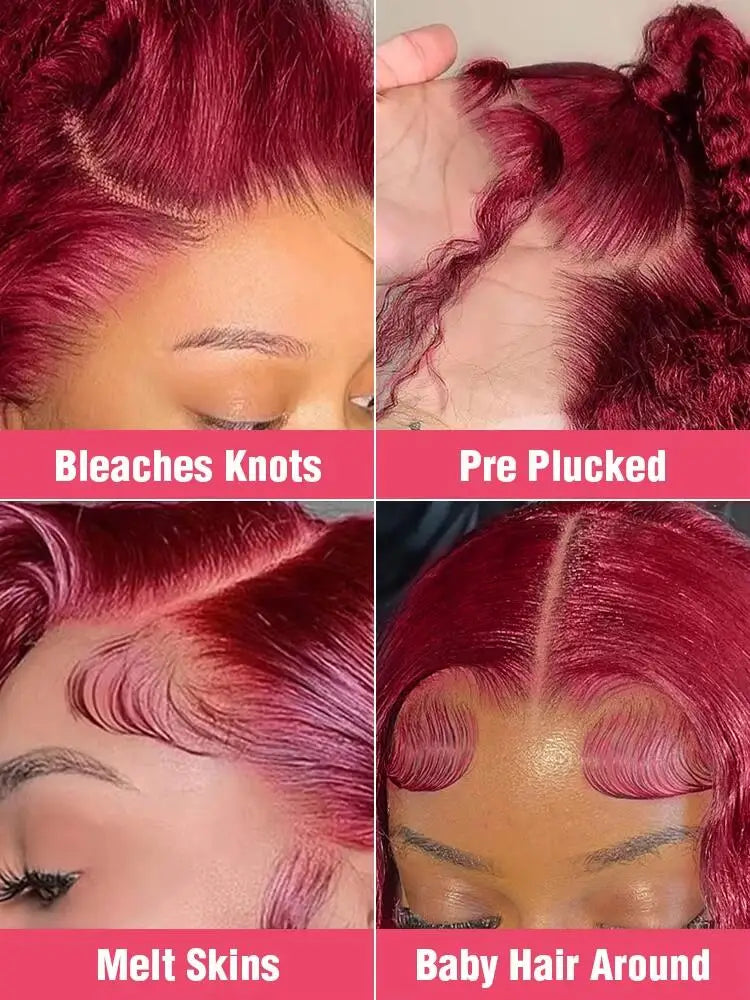 200% Body Wave Wig Burgundy Frontal Human hair pre Plucked 99j Red