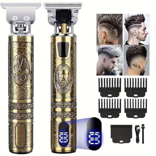 Men's Electric T-Blade Hair Trimmer Kit - Cordless, USB Rechargeable with LED Display, Vintage Golden Design, Includes Combs
