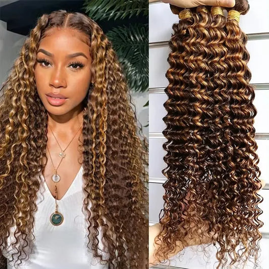 Deep Wave Highlighted Human Hair Bundles Honey Brown