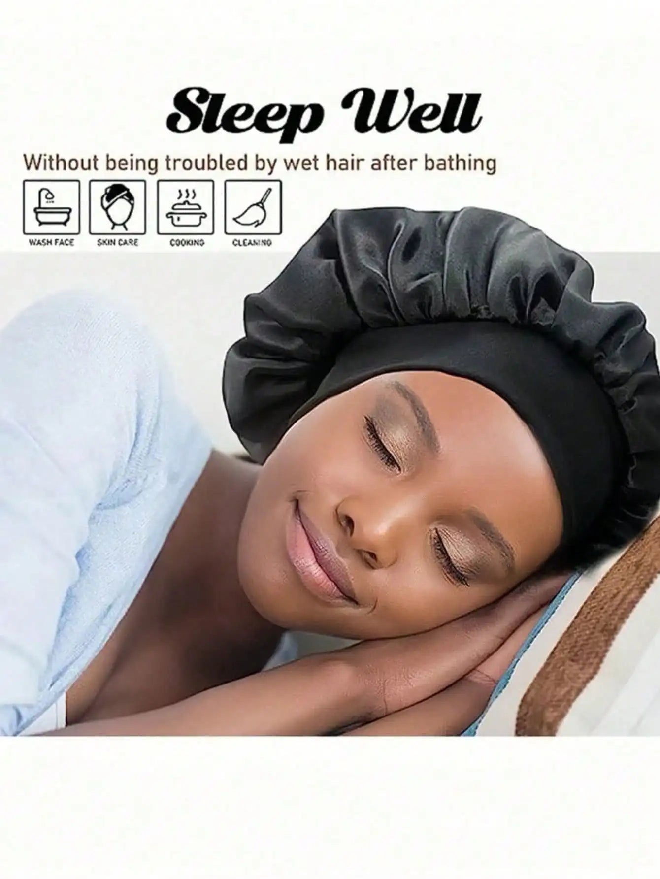 1pcs Silk Sleep Bonnet Set - Satin Hair Wrap For Curly/Natural Hair With Soft Elastic Band (Black & Gold), Gentle Night Cap For